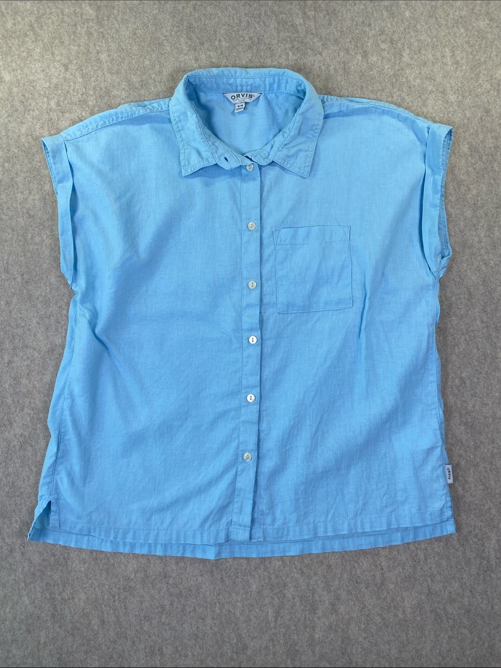 Orvis Linen Blend Sky Blue Short-Sleeve Classic Button-Up Shirt Size Medium